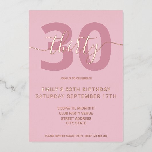 Elegant Roos Gold Foil 30th Birthday Invitation Folie Uitnodiging (Voorkant)