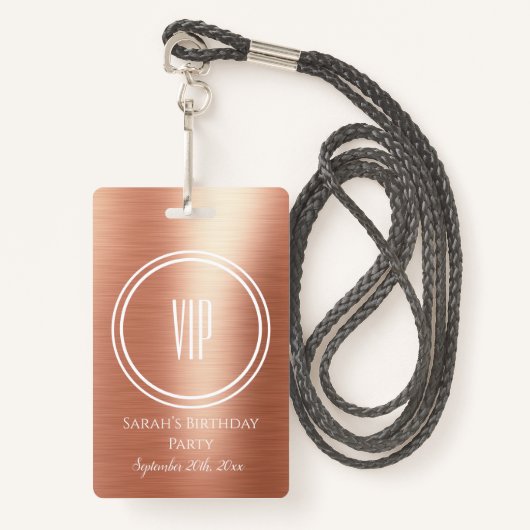 Elegant Roos Gold Foil Birthday Party VIP Access Badge (Voorkant met draagriem)