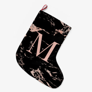 Elegant Roos Gold Foil Black Marble Monogram Grote Kerstsok