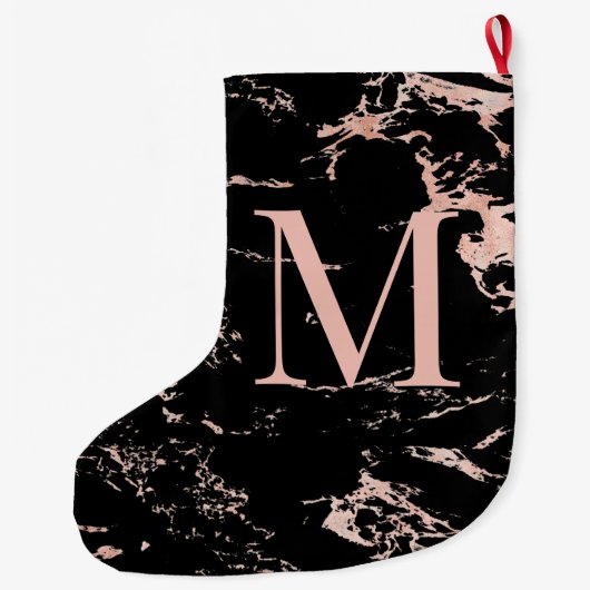 Elegant Roos Gold Foil Black Marble Monogram Grote Kerstsok (Achterkant)