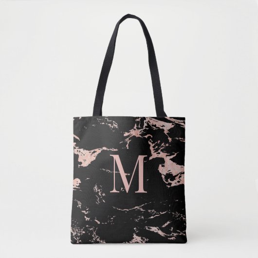 Elegant Roos Gold Foil Black Marble Monogram Tote Bag (Voorkant)