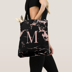 Elegant Roos Gold Foil Black Marble Monogram Tote Bag
