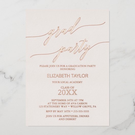 Elegant Roos Gold Foil | Blush Graduation Party Folie Uitnodiging (Voorkant)