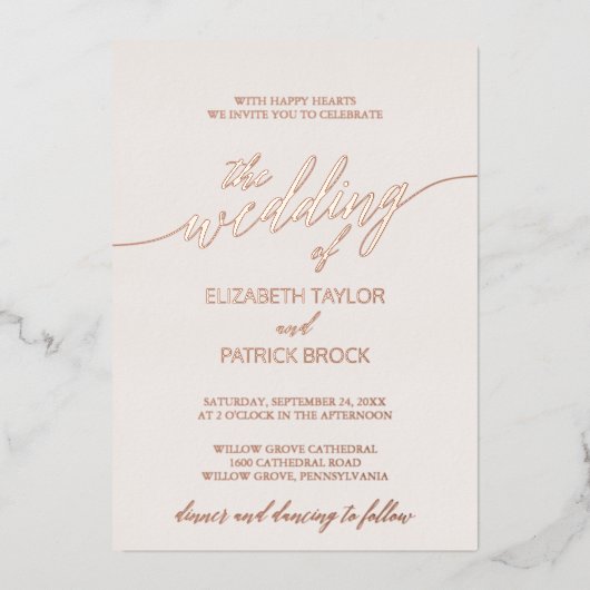 Elegant Roos Gold Foil Calligrafie | Blush Weddens Folie Uitnodiging (Voorkant)