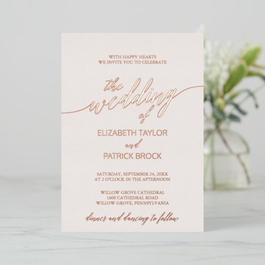 Elegant Roos Gold Foil Calligrafie | Blush Weddens Folie Uitnodiging (Staand Voorkant)