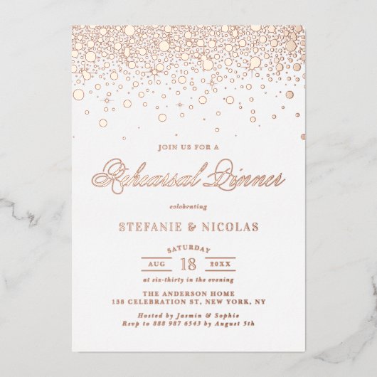 Elegant Roos Gold Foil Confetti Rehearings Dinner Folie Uitnodiging (Voorkant)