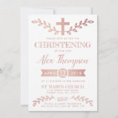 Elegant Roos Gold Foil Cross & Foliage Christening Kaart (Voorkant)