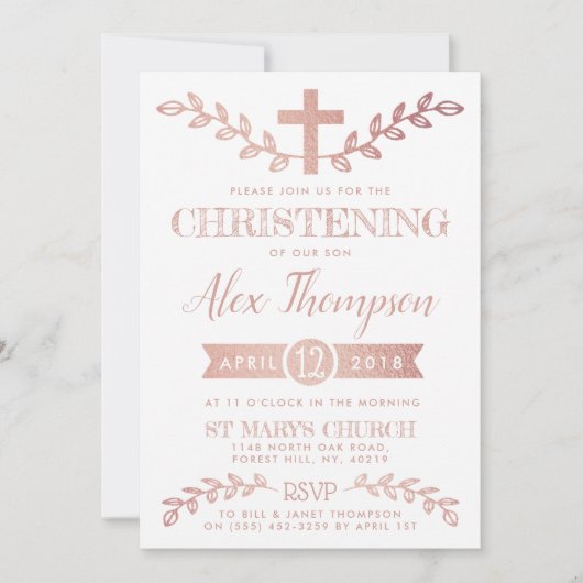 Elegant Roos Gold Foil Cross & Foliage Christening Kaart (Voorkant)