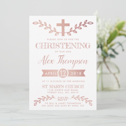 Elegant Roos Gold Foil Cross & Foliage Christening Kaart (Staand voorkant)