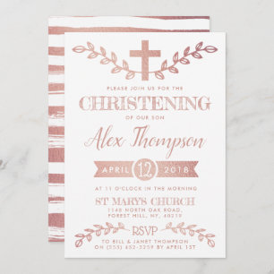 Elegant Roos Gold Foil Cross & Foliage Christening Kaart