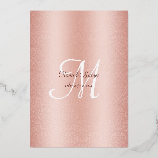 Elegant Roos Gold Foil Damask Wedding Folie Uitnodiging (Achterkant)