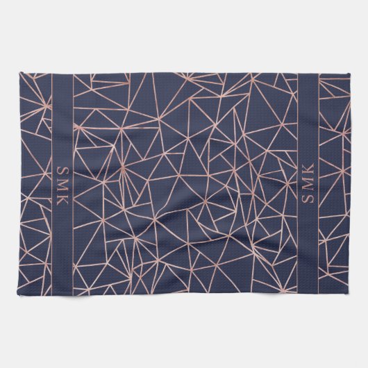 Elegant Roos Gold Foil Geometric Polygon Navy Blue Theedoek (Horizontaal)