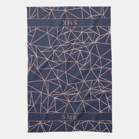Elegant Roos Gold Foil Geometric Polygon Navy Blue Theedoek (Verticaal)
