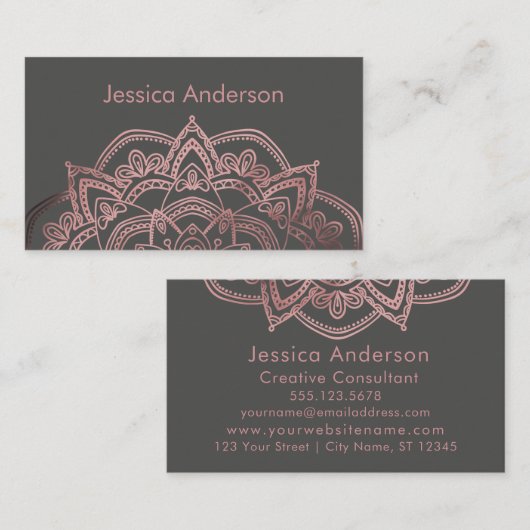 Elegant Roos Gold Foil Mandala over donkergrijs Visitekaartje (Voorkant / Achterkant)
