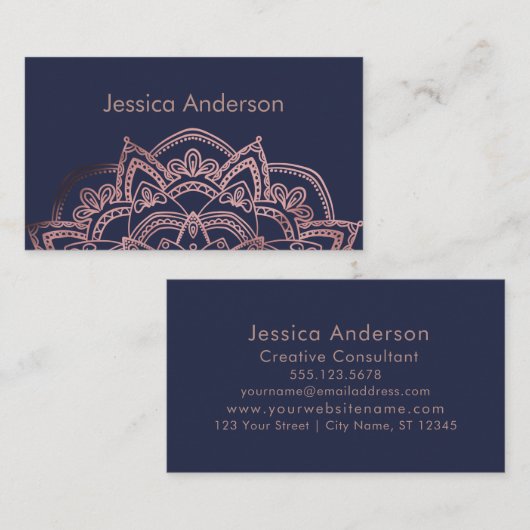 Elegant Roos Gold Foil Mandala over marine Visitekaartje (Voorkant / Achterkant)