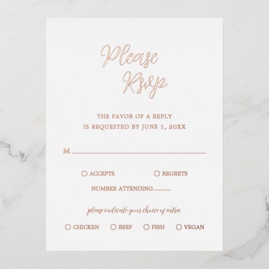 Elegant Roos Gold Foil Modern Wedding RSVP Kaart (Voorkant)