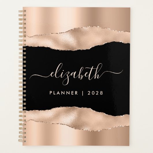 Elegant Roos Gold Foil monogrammen Black Planner (Voorkant)