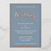 Elegant Roos Gold Foil op Dusty Blue Wedding Folie Uitnodiging (Voorkant)