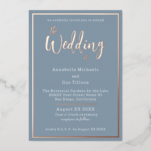 Elegant Roos Gold Foil op Dusty Blue Wedding Folie Uitnodiging (Voorkant)
