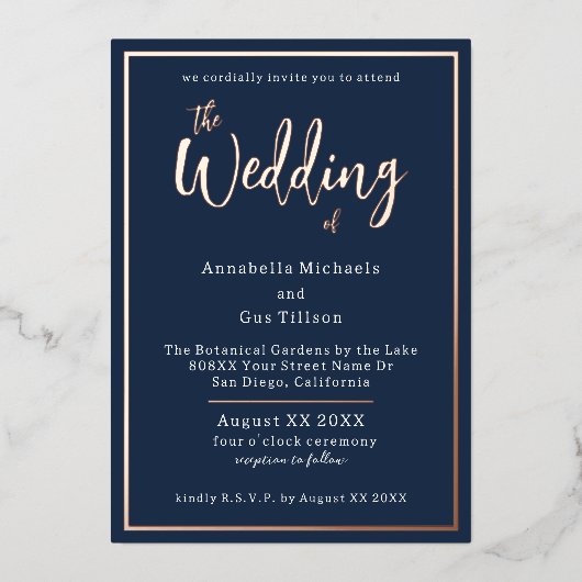 Elegant Roos Gold Foil op marineblauw huwelijk Folie Uitnodiging (Voorkant)