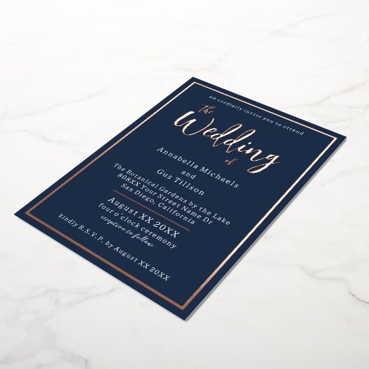 Elegant Roos Gold Foil op marineblauw huwelijk Folie Uitnodiging (Gedraaid)