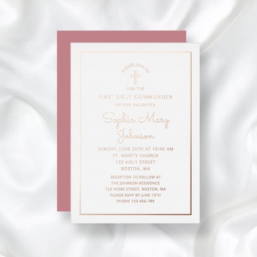 Elegant Roos Gold Foil Script Roze Eerste Communie Folie Uitnodiging