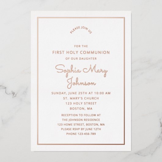 Elegant Roos Gold Foil Script Roze Eerste Communie Folie Uitnodiging (Voorkant)