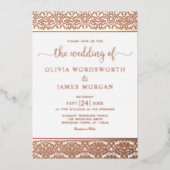Elegant Roos Gold Foil White Damask Wedding Folie Uitnodiging (Voorkant)
