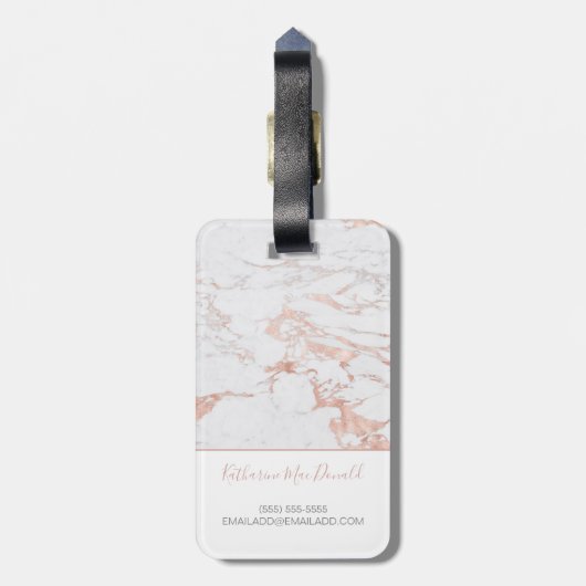 Elegant Roos Gold Foil | Witte marmer | Monogram Bagagelabel (Achterkant verticaal)