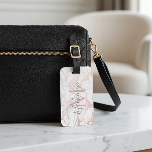 Elegant Roos Gold Foil | Witte marmer | Monogram Bagagelabel