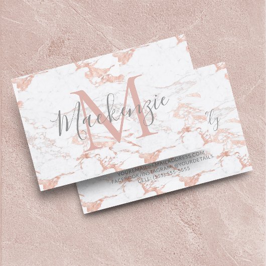 Elegant Roos Gold Foil | Witte marmer | Monogram Visitekaartje
