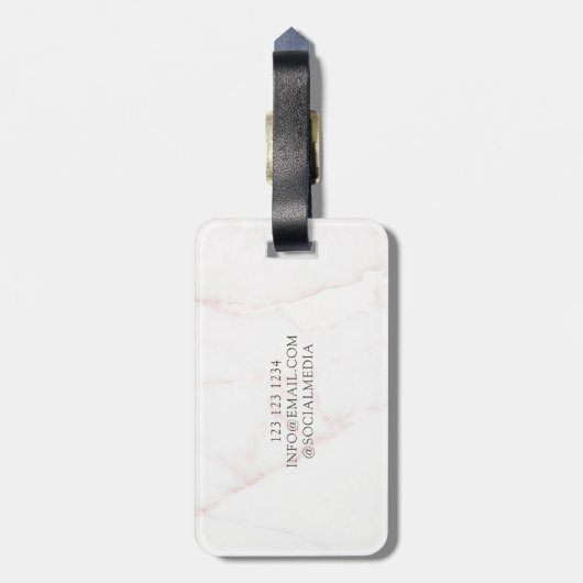 Elegant Roos Gold Folie Wit Marmeren Steen Monogra Bagagelabel (Achterkant verticaal)