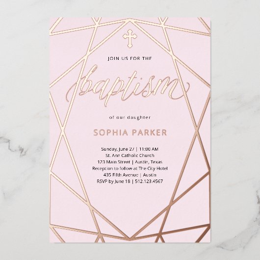 Elegant Roos Gold Geometric Blush Pink | Baptisme Folie Uitnodiging (Voorkant)