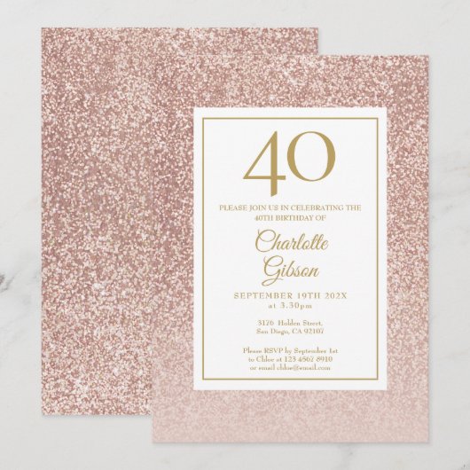 Elegant Roos Gold Glitter 40e verjaardag Kaart (Voorkant / Achterkant)