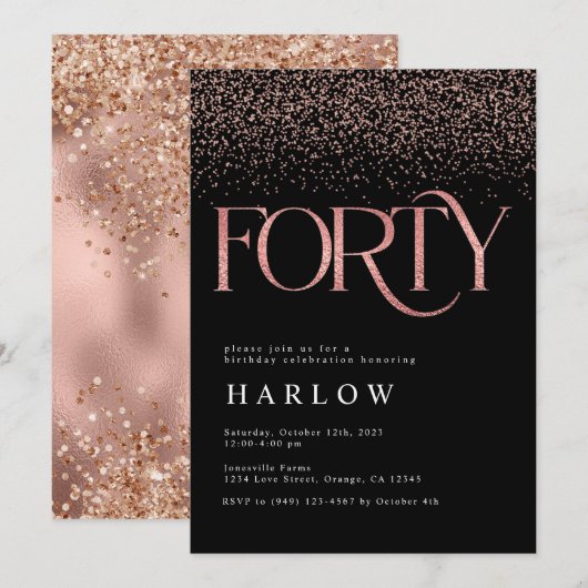 Elegant Roos Gold Glitter 40th Birthday Invite Aankondiging (Voorkant / Achterkant)