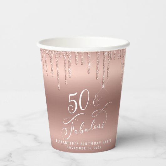 Elegant Roos Gold Glitter 50e verjaardag Papieren Bekers (Achterkant)