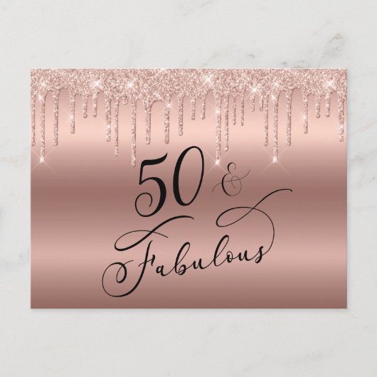 Elegant Roos Gold Glitter 50e verjaardag Uitnodiging Briefkaart (Voorkant)