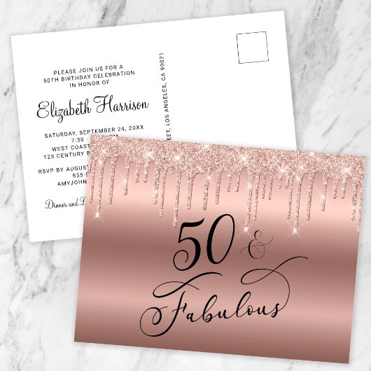 Elegant Roos Gold Glitter 50e verjaardag Uitnodiging Briefkaart