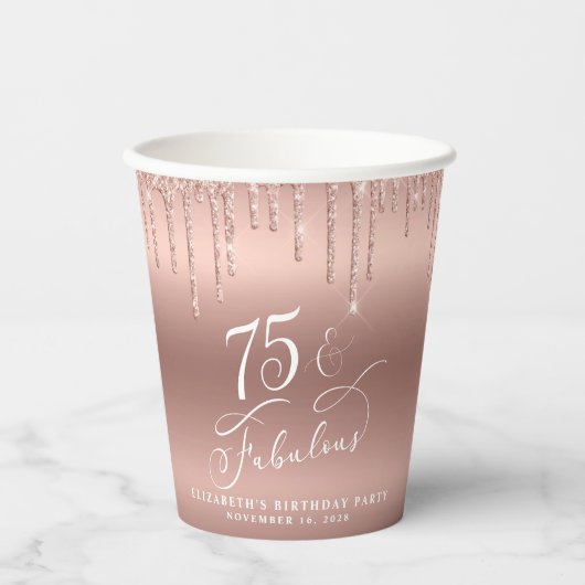 Elegant Roos Gold Glitter 75e verjaardag Papieren Bekers (Voorkant)