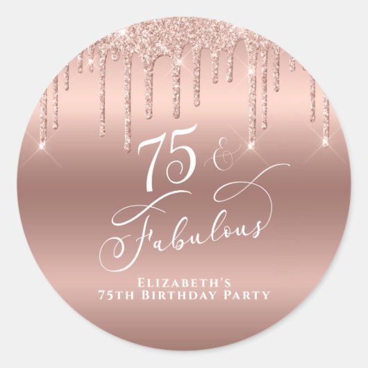 Elegant Roos Gold Glitter 75e verjaardag Ronde Sticker (Voorkant)