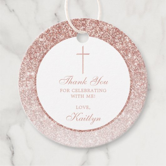 Elegant Roos Gold Glitter bevestiging of baptisme Bedankjes Labels (Voorkant)