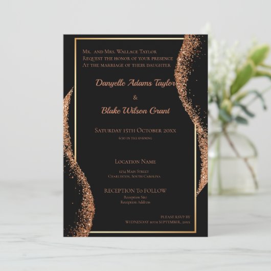 Elegant Roos Gold Glitter Black Floral Wedding Kaart (Staand voorkant)