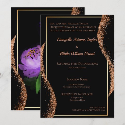 Elegant Roos Gold Glitter Black Floral Wedding Kaart (Voorkant / Achterkant)