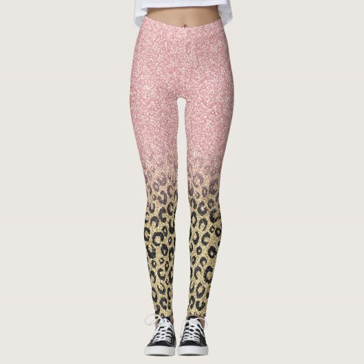 Elegant Roos Gold Glitter Black Leopard Print Leggings (Voorkant)