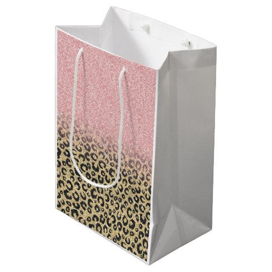 Elegant Roos Gold Glitter Black Leopard Print Medium Cadeauzakje (Voorkant Gekanteld)