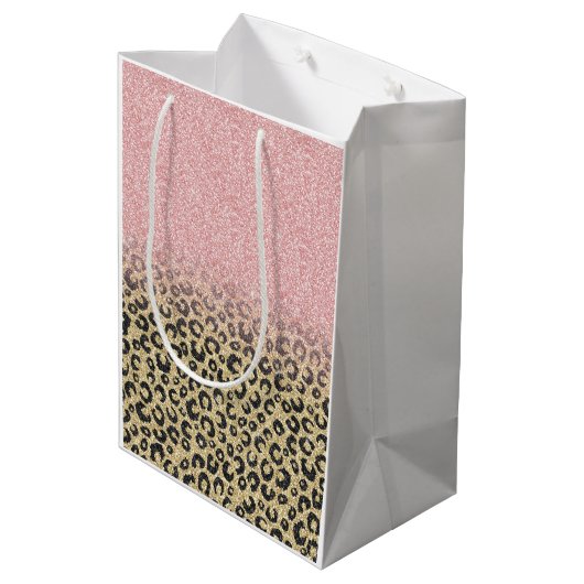 Elegant Roos Gold Glitter Black Leopard Print Medium Cadeauzakje (Achterkant Gekanteld)