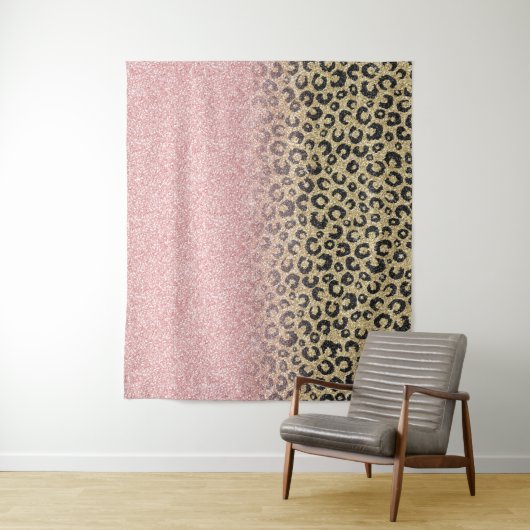 Elegant Roos Gold Glitter Black Leopard Print Wandkleed (In situ)