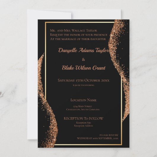 Elegant Roos Gold Glitter Black Weddenschap Kaart (Voorkant)