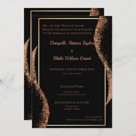 Elegant Roos Gold Glitter Black Weddenschap Kaart (Voorkant / Achterkant)