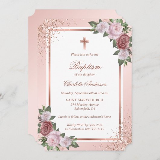 Elegant Roos Gold Glitter Blush Pink Girl Baptisme Kaart (Voorkant / Achterkant)
